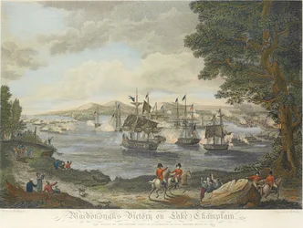 MacDonoughs seier ved Champlainsjøen, og den britiske hærens nederlag ved Plattsburg av Genl Macomb, 11. september 1814, gravert av B. Tanne, 1816