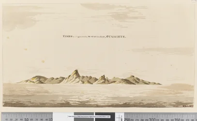 Side 25aa Eimeo slik den ser ut fra Matavai Bay, Otahiete, 1768-75 (penn og blekk og vask)
