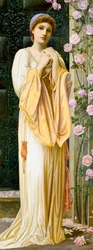 «En vakker tjenestepike» Ung kvinne kledd i antikk stil med perlekjede. Maleri av Henry Ryland (1856–1924) (prerafaelitt) 1901 Privat samling