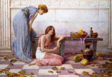 «Blomster og frukt» Draperte kvinner med et melankolsk uttrykk på gårdsplassen til en gammel villa. Maleri av Henry Ryland (1856–1924)