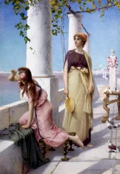 «Fjerne visjoner» Unge kvinner som skanner horisonten fra sin antikke terrasse. Maleri av Henry Ryland (1856–1924) 1910 Privat samling