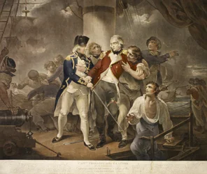 Capt. Trollope i Glatton of 54 Carronades Engasjerer en fransk skvadron på 8 krigsskip som frakter 230 kanoner, gravert av James Daniell, 1797 (mezzotint)