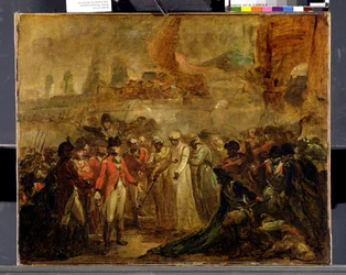 The Surrender of the Two Sons of Tipu Sahib (1749-99), Sultan of Mysore, til Sir David Baird, ca. 1800 (olje på lerret)