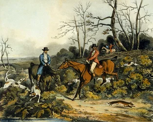 Breaking Cover, fra 'Fox Hunting', gravert av Thomas Sutherland (1785-1838) 1817 (farge litho)