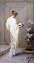 «Guddommelig vakker» Ung kvinne kledd i hvitt og holder blomster, som symboliserer renhet. Maleri av Henry Thomas Schaefer (1845–1915) 1893 (prerafaelittisk) Privat samling