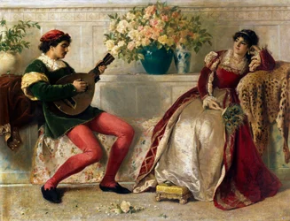 «Rosenes tid» En ung musiker spiller for en dame, rikt kledd i fløyel, med en vifte av påfuglfjær i hånden, og lener seg mot et gepardskinn. Maleri av Henry Thomas Schaefer (1845–1915) 1877 Privat samling