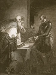 Earl Warenne rettferdiggjør titlene til eiendommene sine, gravert av J. Fittler, illustrasjon fra David Humes 