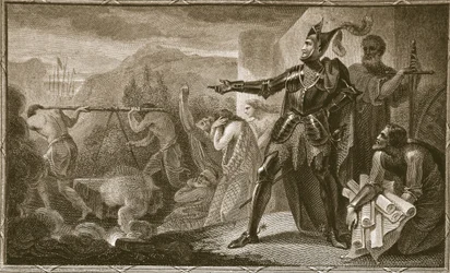 Edward I fjerner steinen fra Scone, gravert av Neagle, illustrasjon fra David Humes 'The History of England', pub. av R. Bowyer, London, 1812