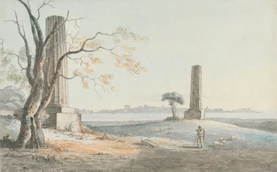 Rester av Temple of Olypian Jove med utsikt over Ortygia, Syracuse