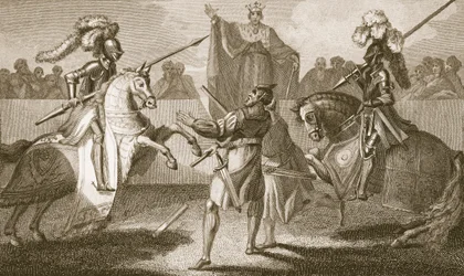 Richard II avbryter duellen mellom Hereford og Norfolk, illustrasjon fra David Humes 
