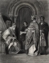 Henry II presenterer pavens okse til erkebiskopen av Cashel, gravert av G. Greatbach