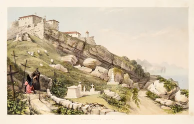 Britiske offiserers gravsted på slottsåsen i San Sebastián, fra «Skisser av landskap i Spanias baskiske provinser, med et utvalg av nasjonal musikk», utgitt 1838