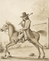 En illustrasjon av H. Bunbury, An Academy for Grown Horsemen: A Bit of Blood (penn og blekk med vask på papir)