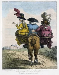 Meg med min kone og min datter - i "" engelske karikaturer om manerer å ri på en hest", ill. av H.W. Bunbury, red. John Stockdale