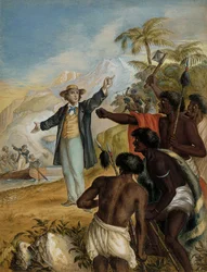 En skotsk misjonær som kom i land konfrontert med stridende maorier, 1868