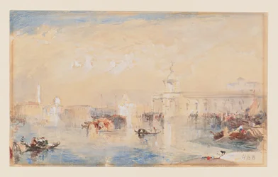 Landskap etter Turners 'The Dogana, San Giorgio, Citella, from the Steps of Europa' (akvarell, kroppsfarge og blyant på papir)