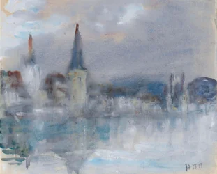 Kapellbroen og katedralen, Luzern, Sveits, på en våt dag