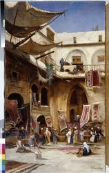 Teppeforhandler i gatene i Istanbuls Stamboul-distrikt. Tyrkia. Maleri av Herman David Salomon Corrodi (1844-1905) cm 110x81 Olje på lerret Obligatorisk omtale: Samlingsstiftelsen hilsen Provence Marseille