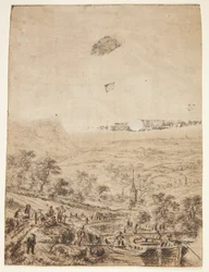 Panoramalandskap med bønder, fiskere og en landsbykirke
