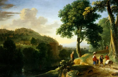 Et italiensk landskap med reisende og et esel, ca. 1640 (olje på lerret)