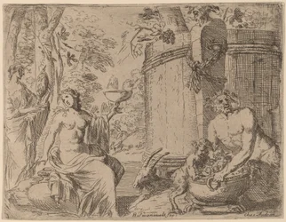To nymfer og en satyr foran et stort kar