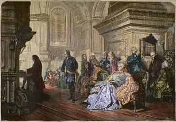 Kongen av Preussen Fredrik II den store (1712-1786) lytter til komponisten Johann Sebastian Bach som spiller ved hoffet, gravering etter et maleri av Kaulbach