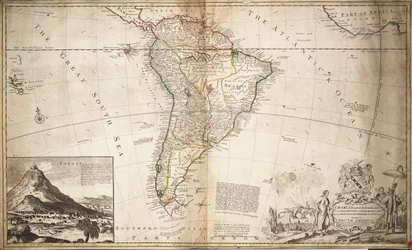 Kart over Sør-Amerika, ca. 1715 (farget gravering)