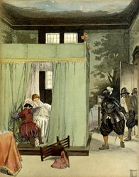 En protestantisk gentleman finner tilflukt i sengen til Marguerite de Valois, dronning av Frankrike kjent som dronning Margot (1553-1615) på dagen for Saint Barthelemy (Saint-Barthelemy) den 24. august 1572. Illustrasjon av Hermann Vogel (1856-1918) i "" H