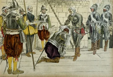 Charles II av Cosse Brissac (Cosse-Brissac) (1562-1621 eller 1626) ble marechal av Frankrike av Henri IV (1553-1610) før han gikk inn i Paris 22. mars 1594. Prevot av kjøpmenn Jean Lhuillier (?) som står ved siden av holderne nøklene til byen. Illustrasjon