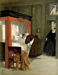 Charles IX (1550-1574), konge av Frankrike, døende sammen med sykepleieren sin. Illustrasjon av Hermann Vogel (1856-1918) i "" Henri IV""