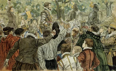 Henri de Guise (1549-1588), leder av den katolske liga, applaudert av pariserne etter dagen for barrikadene (12. mai 1588). Illustrasjon 1907, av Hermann Vogel (1856-1918). Particuliere samling.
