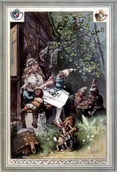 Kinder und hausmarchen (Fortelling om barndom og hjem) (1812): fabler av brødrene Grimm. Cover av Hermann Vogel 1894 som representerer Snøhvit og de syv dvergene.