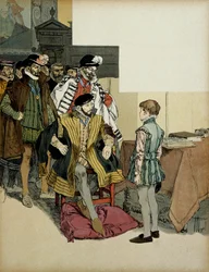 Kongen av Frankrike Henri II (1519-1559) omgitt av sine herrer liker å stille spørsmål ved Henrik IV (1553-1610) som barn for hans replikker. Illustrasjon av Hermann Vogel (1856-1918) i "" Henri IV""
