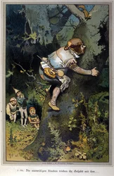 Den vågale gutten var alle til latter. Fortelling om brødrene Jacob Grimm (1785-1863) og Wilhelm Grimm (1786-1859). Illustrasjon av Vogel.