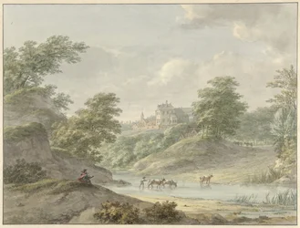 Landskap med en sittende tegner og et slott på vannet
