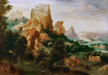 Landskap med lignelsen om den barmhjertige samaritan - Landskap med lignelsen om den barmhjertige samaritan - Henri de Herri met de Bles (1510-1550). Olje på tre, ca.1540. Størrelse: 29x42cm. Kunsthistorisk museum, Wien