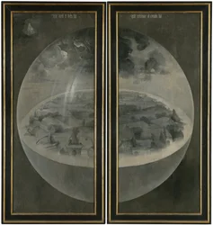 Skapelsen av verden som representerer jordens kosmiske sfære (Bulle). Baksiden av skoddene til triptyken ""Hagen av jordiske gleder"". Maleri av Hieronymus Van Aeken (Aken) kjent som Hieronymus Bosch (1450-1516)