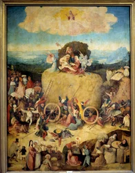 Den allegoriske høyvognen med menn og kvinner som søker å få mest mulig ut av nåtiden. Midtpanelet i den allegoriske triptyken om fortiden og nåtiden av Hieronymus Van Aeken (Aken), kjent som Hieronymus Bosch (1450-1516), omkring 1490. Madrid, Prado-museet