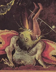 The Last Judgement, detail of a man being eaten by a monster, c.1504 (oil on panel)   1426169   no       norwegian Successfully Translated  Original: Achaz Busch Translat: Achaz Busch 1344664 no norwegian Successfully Translated Original: Cotton Tiberius C
