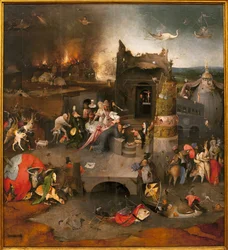 Fristelsenes triptyk - midtdel: fristelsen til den hellige Antonius den store, også den hellige Antonius eremitten eller den hellige Antonius abbeden. Maleri av Hieronymus van Aeken, kalt Hieronymus Bosch (1450-1516), omkring 1500