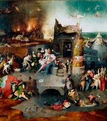 Fristelsenes triptyk: «Den hellige Antonius’ fristelser». Midtpanelet viser eremitten den hellige Antonius den store (251-356), også kalt den hellige Antonius eremitten eller den hellige Antonius abbed, som lider under Djevelens fristelser i ørkenen.