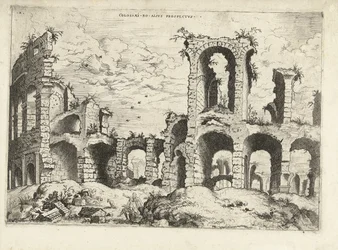 Andre utsikt over Colosseum i Roma Collossæi ro alivs prospectvs (tittel på objekt) Romerske ruiner (serietittel)