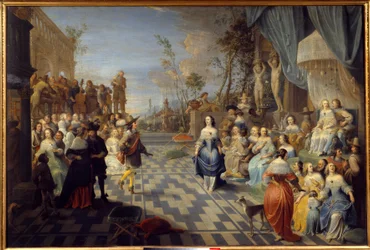 Ball på terrassen til et palass, tidligere kalt ball ved domstolen til Don Juan av Østerrike Maleri av Hieronymus Janssens dit le Dancer (1624-1693) (ec.flam.) 1658 Søn. 1,14x1,7m Lille, Musee des Beaux Arts