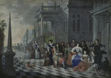 Karakterer som lager musikk foran et palass, 1672