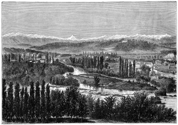 Pyreneene sett fra terrassen til slottet i Pau, Frankrike, 1879