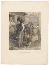Velkledd herre tenner sigaren fra pipen til en arbeider i filler Les extrêmes se touchent (tittel på objekt) Litografiske skisser (serietittel) Croquis lithographiques (serietittel på objekt)