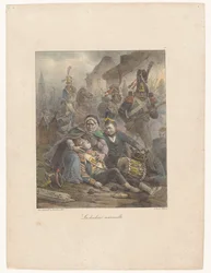 Mor sørger over sin dødelig sårede sønn på slagmarken La douleur maternelle (tittel på objekt) Litografiske skisser (serietittel) Croquis lithographiques (serietittel)