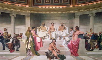 Halvsirkel: kunstnere fra alle tider, detalj av Iktinos, Apelles og Fidias, 1836-41