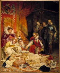 Elizabeth I, dronning av England, døde i 1603. Dronning Elizabeth døde av depresjon og sykdom 24/03/1603, omgitt av sine hoffolk. Maleri av Paul Delaroche