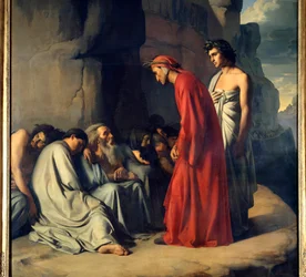 Dante og Vergil i helvete, eller Dante, ledet av Vergil, gir trøst til de misunnelige sjelene. Illustrasjon til Helvete i Den guddommelige komedie (Divina Comedia) av Dante Alighieri (1265-1321). Maleri av Hippolyte Flandrin (1809-1864), 19. århundre, mål